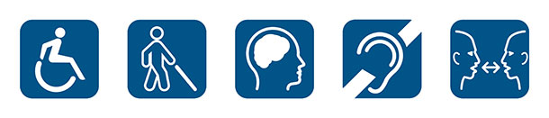 Accessibility icon, Vision loss icon, Cognitive disability icon, Hearing loss icon, Communication access icon