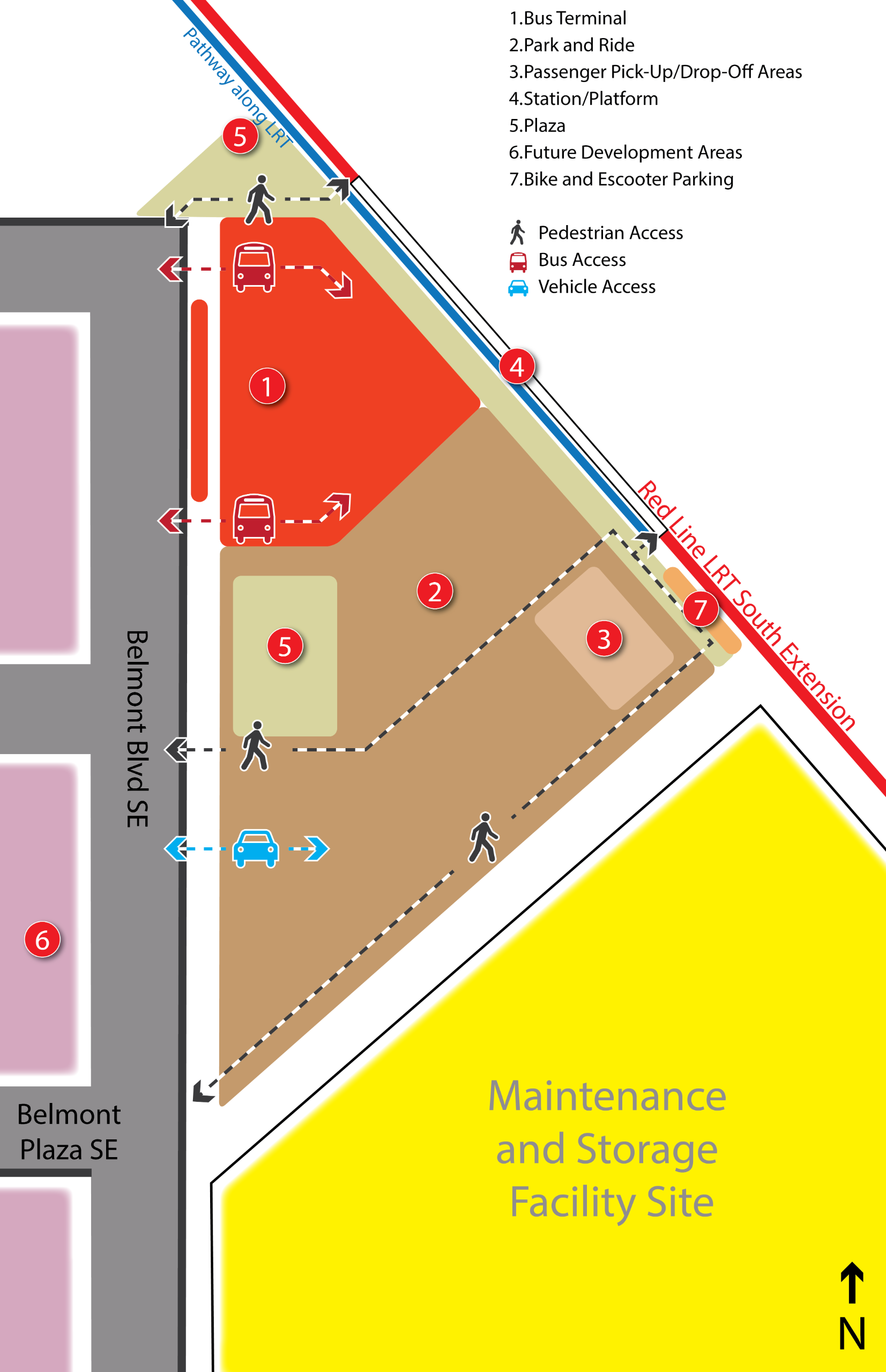 A conceptual layout of Silverado station, calling out specific areas for pedestrian circulation, bus terminals, station/platform, passenger pick-up and drop off, future development areas, bikes and E-Scooter parking. Also pedestrian and bus access