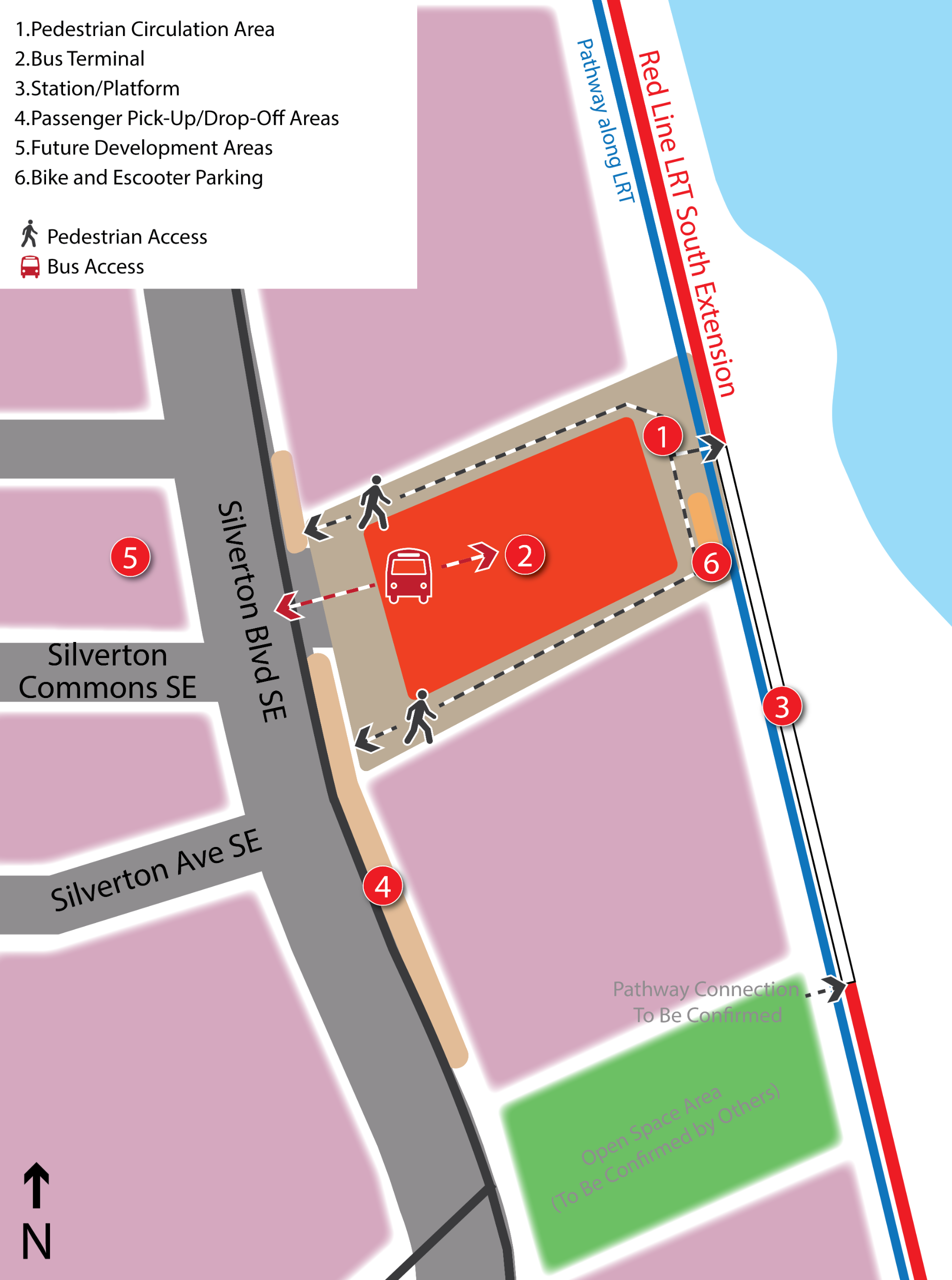 A conceptual layout of Silverado station, calling out specific areas for pedestrian circulation, bus terminals, station/platform, passenger pick-up and drop off, future development areas, bikes and E-Scooter parking. Also pedestrian and bus access