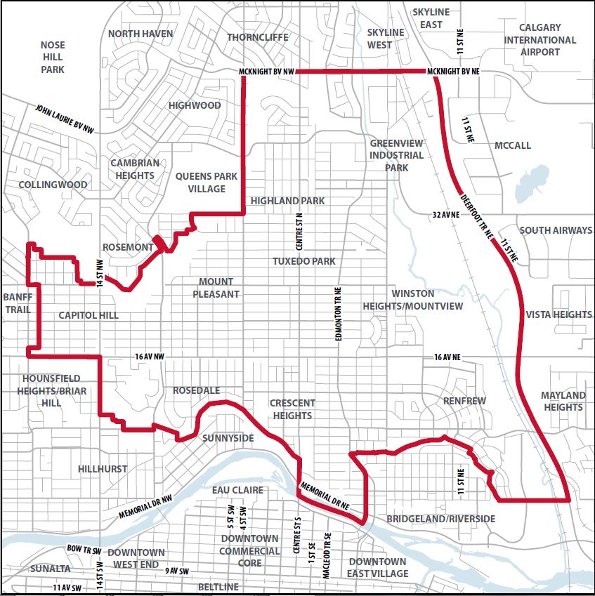 Includes the communities of Highland Park, Mount Pleasant, Tuxedo Park, Winston Heights-Mountview, Crescent Heights, Renfrew, Rosedale, Capitol Hill and Thorncliffe Greenview (south of Mcknight Blvd).