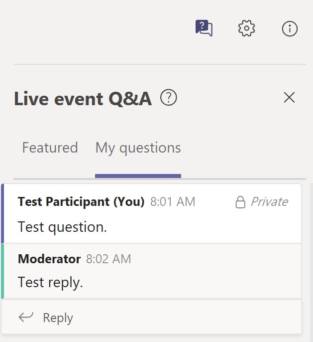 Image of chat window in Microsoft Teams, including a reply from the session moderator.