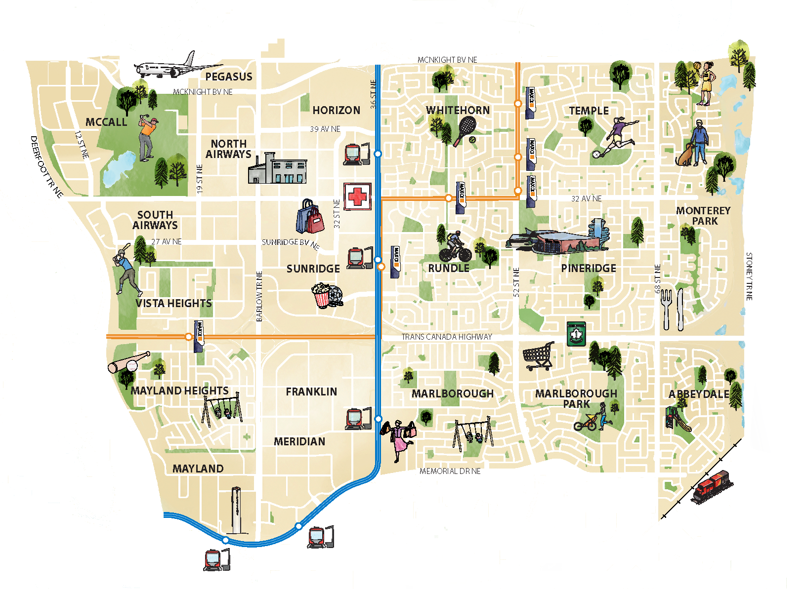 A colorful map featuring various neighborhoods, landmarks, and icons representing activities and amenities in the area.