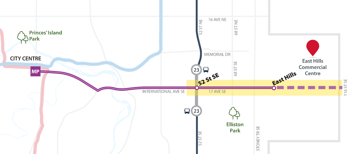 The study area consists of two segments. Segment 1 includes an interim turnaround at East Hills Shopping Centre and a future Terminal at 100 St S.E. Segment 2 consists of and future service extension to the East.