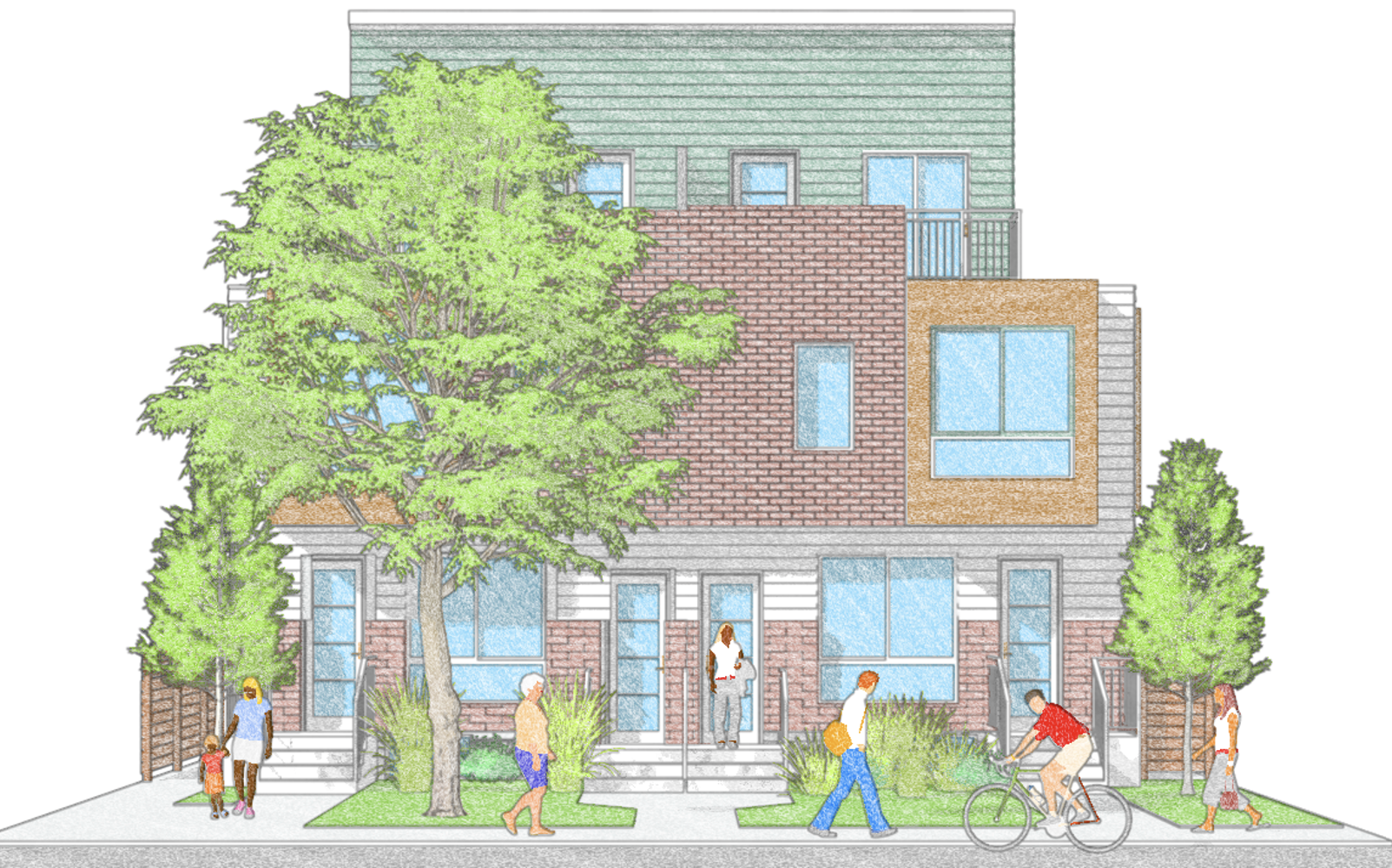 Illustration of the a townhouse with people walking on the street.